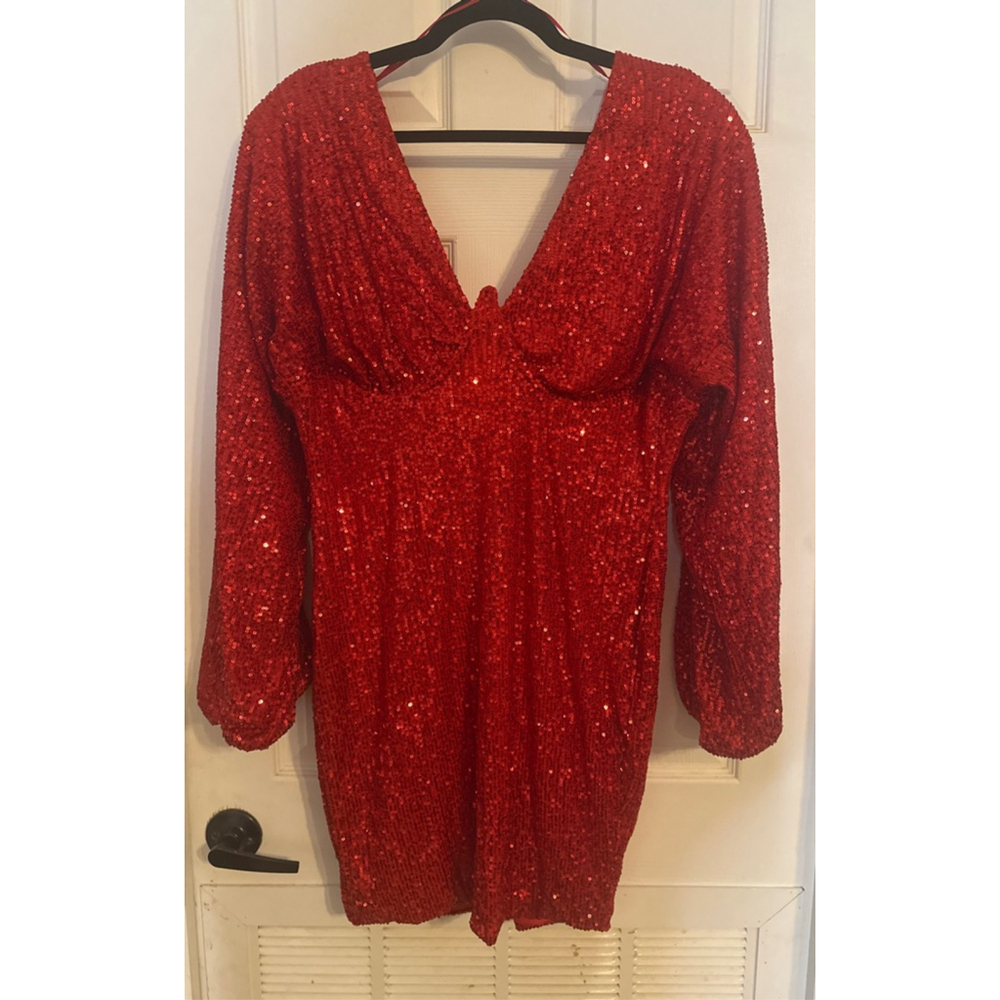 Women's Fashion Nova Red Sequin V-Neck Mini Dress 1X